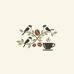Three Birds Perched on Coffee Bean Branch with Steaming Cup