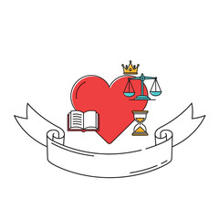 Symbolic Heart with Crown, Scales, Book, Hourglass, and Ribbon Illustration
