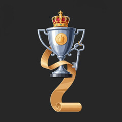 Regal Silver Trophy with Crown, Key, and Golden Scroll