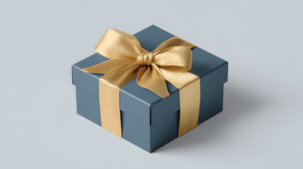 Fototapeta premium Dark blue square gift box with golden ribbon over light blue background. Great for masculine gift ideas, retail visuals, or holiday promotions.