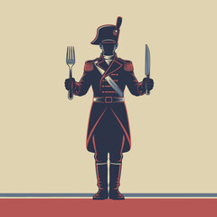 Illustrated Soldier Holding Fork and Knife in Formal Military Attire