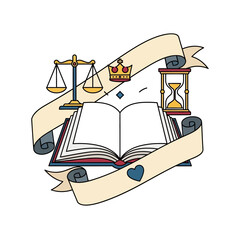 Law and Justice Icon with Book, Scales, Crown, and Hourglass