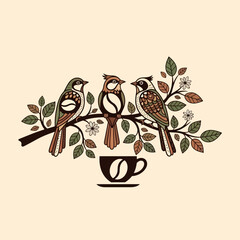 Three stylized birds perched on a leafy branch with flowers, above a coffee cup with a bean design.