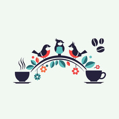 Stylized Birds on Floral Branch with Coffee Cups and Beans Illustration