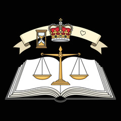 Open Book with Scales of Justice, Crown, and Hourglass