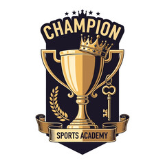 Golden Champion trophy cup emblem with a crown, key, and laurel wreath on a dark shield.