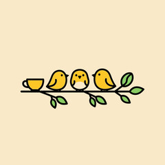 Adorable Yellow Birds and Cup Perched on Branch with Leaves, Minimalist Design