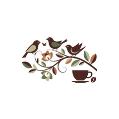 Charming vector illustration of three stylized birds on a flowering branch with a coffee cup and bean