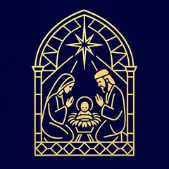Golden nativity scene in a Gothic stained glass style on dark blue background. Silhouettes of Mary, Joseph, and baby Jesus beneath the Star of Bethlehem.