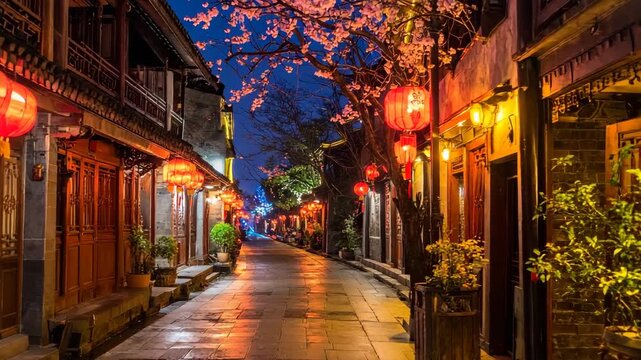 Atmospheric Traditional Chinese Street at Night with Red Lanterns and Wet Stone Pavement