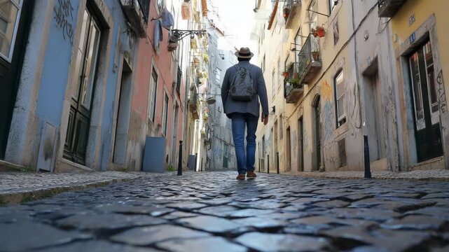Man walking down a cobblestone street in a European city, back view
