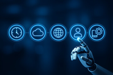 Robotic hand interacting with a row of five glowing blue circular icons: clock, cloud, globe, person, and settings gear on a dark blue background, symbolizing digital service options