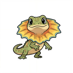 Cartoon frilled lizard character smiling with a frill isolated on white background