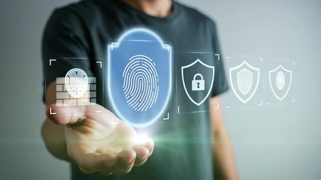 Digital security concept biometric fingerprint scan and lock icons representing personal data protection and online privacy in a secure network environment