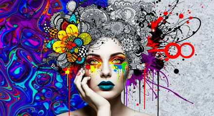 Woman with vibrant colors and monochrome elements representing artistic expression and contrasting ideas. Digital art for creative projects.