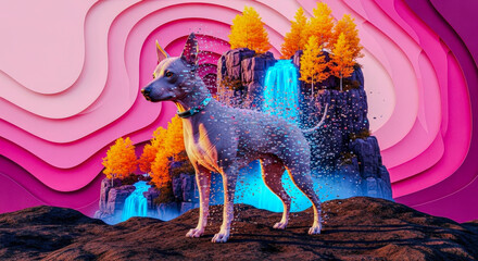 Dog covered in digital particles stands on a stylized landscape with waterfalls and colorful trees, representing artificial intelligence and advanced technology for digital pets.