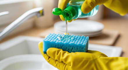 Hands in yellow rubber gloves pouring dish soap on a blue sponge.