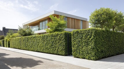 Obraz premium Modern minimalist house with lush greenery and contemporary architecture