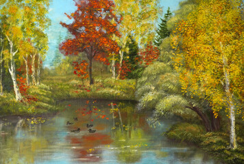Yellow autumn landscape  forest, red trees , pond with ducks.