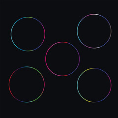 Five abstract glowing iridescent circles with a subtle textured effect on a dark background