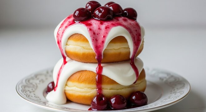Traditional Romanian Papanasi cheese doughnuts with sour cream and sweet cherry jam dessert