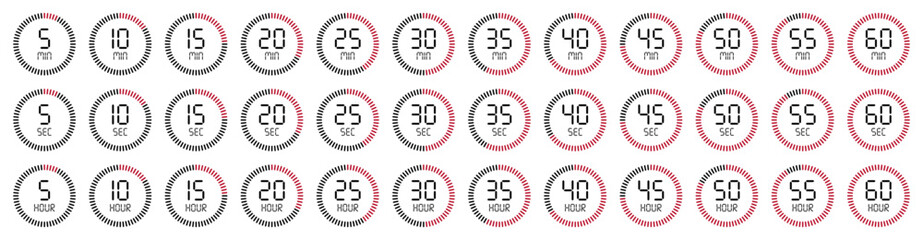 Collection of digital timer countdown icons displaying seconds, minutes, and hours with circular progress bars red, black. Perfect for clock, stopwatch, schedule and productivity or time management.