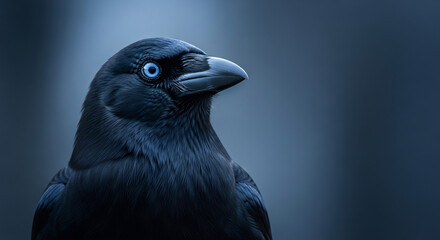 Intense Portrait of a Black Crow with Piercing Eyes.