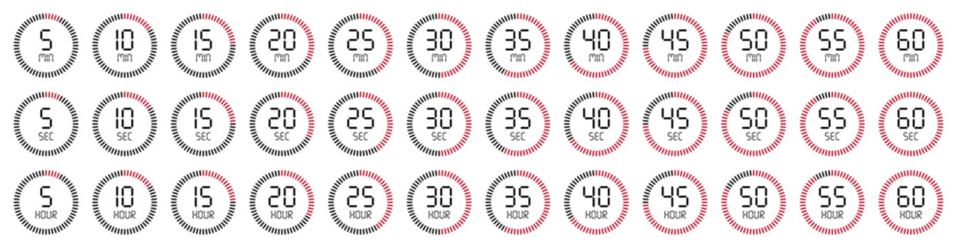 Collection of digital timer countdown icons displaying seconds, minutes, and hours with circular progress bars red, black. Perfect for clock, stopwatch, schedule and productivity or time management.