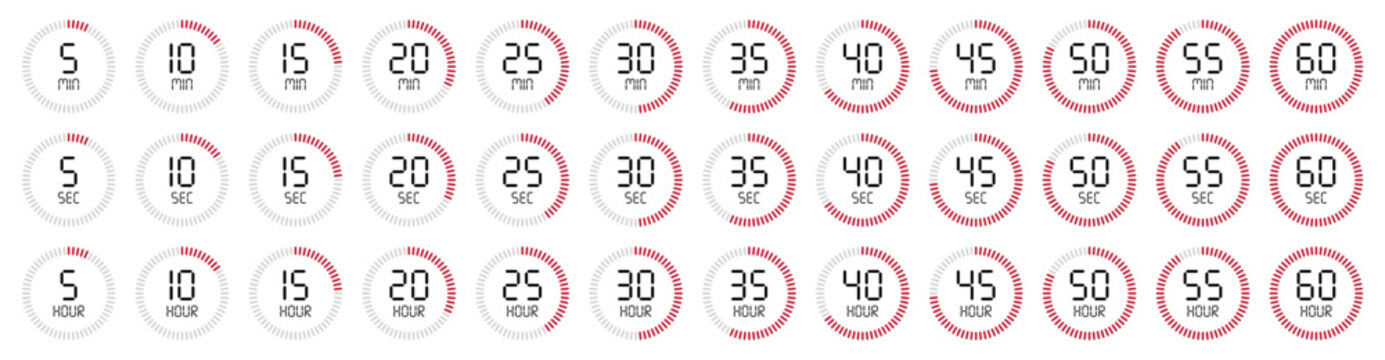 Collection of digital timer countdown icons displaying seconds, minutes, and hours with circular progress bars. Perfect for clock, stopwatch, schedule and productivity or time management.
