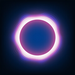 Futuristic abstract background design featuring a glowing neon ring with digital light waves, symbolizing technology, communication, internet connection, and modern energy concept in blue tones.