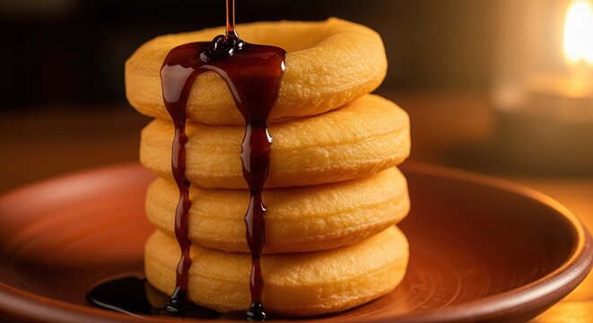 Stack of traditional peruvian picarones doughnuts being drizzled with sweet chancaca syrup