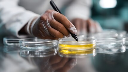A scientist s gloved hands use a marker to label a petri dish containing yellow liquid in a laboratory setting