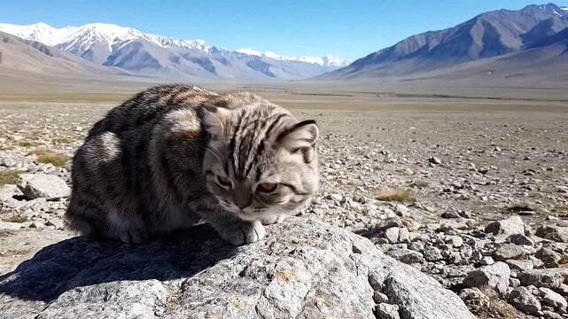 A beautiful Pallas's cat (Otocolobus manul) perched on a rock in the desert, looking curiously at the camera.