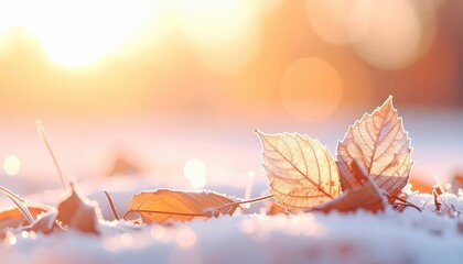 Falling leaves and snow winter landscape nature photography serene environment close-up view tranquility and beauty