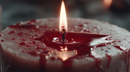 Red Candle Flame Dripping Wax on Dark Surface