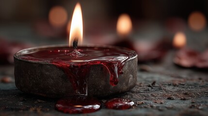 Red Candle Flame Dripping Wax on Dark Surface