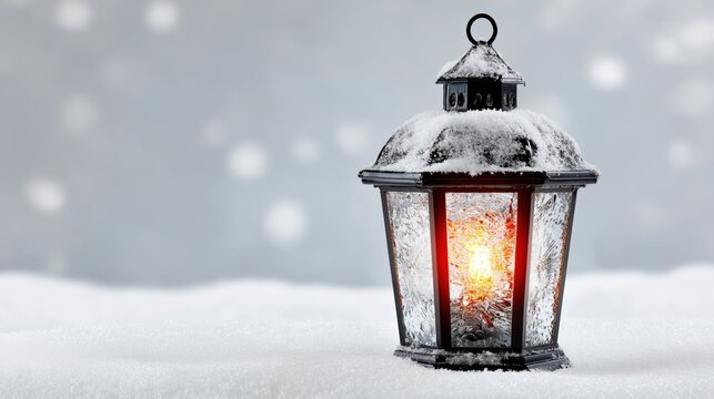 Vintage lantern glowing softly in the snow, covered with frost and surrounded by peaceful winter silence, symbolizing warmth, hope, and Christmas serenity.
