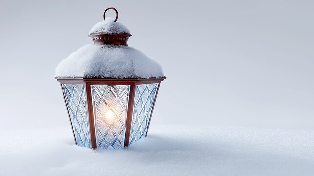 Vintage lantern glowing softly in the snow, covered with frost and surrounded by peaceful winter silence, symbolizing warmth, hope, and Christmas serenity.