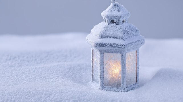 Vintage lantern glowing softly in the snow, covered with frost and surrounded by peaceful winter silence, symbolizing warmth, hope, and Christmas serenity.