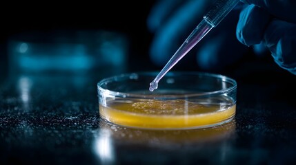 Scientist s hand in blue glove carefully drops liquid from pipette into a petri dish with yellow culture medium