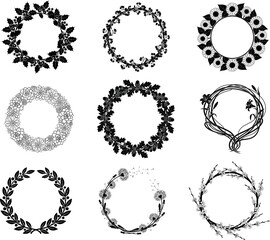Obraz premium Collection of nine hand drawn black and white floral and leafy wreaths and circles