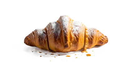 Freshly baked golden croissant dusted with powdered sugar, ready for breakfast or dessert menu design. isolated PNG with Transparent Background
