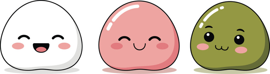 Cute mochi characters, cartoon dumplings, happy expressions, pink cheeks, playful design, kids illustration, kawaii style, pastel colors, joyful mood, emotive art