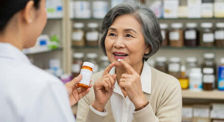 An elderly Asian woman discusses her prescription medication with a pharmacist, holding a pill for consultation in a drugstore