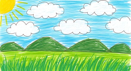 Obraz premium A childs drawing depicts a bright sunny day with fluffy white clouds in a blue sky, green rolling hills, and vibrant green grass in the foreground, evoking a sense of simple joy and natures beauty