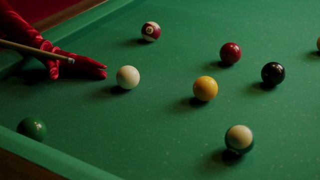 Close up of hands playing billiards with pool cue and balls 4K Ultra HD video showing precision shot, focus, accuracy, competition, and leisure game concept in professional snooker or bar environment