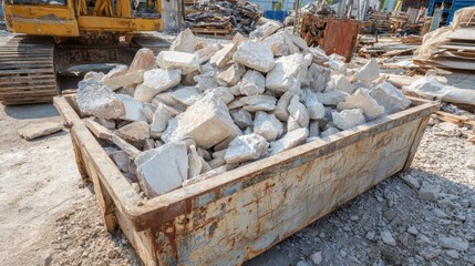 Heavy duty skip filled with concrete rubble and debris construction site backdrop