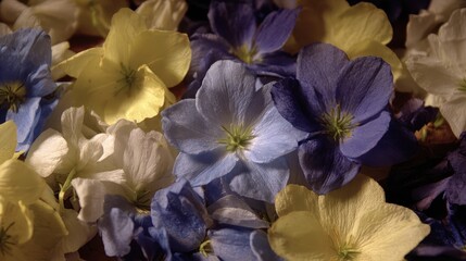 Fototapeta premium A close up view of many delicate blue white and yellow flower petals scattered
