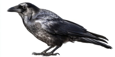 Detailed view of a grey and black crow with detailed feathers and sharp beak on a white background