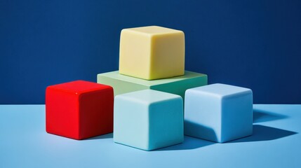 Obraz premium Group of colorful geometric blocks arranged on a blue background and surface